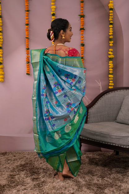 9yard Woven Betel Leafs Motifs With Silver Jari Border