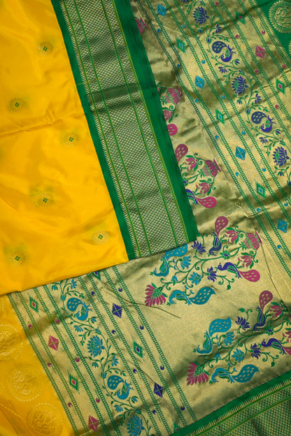 9yard Handwoven Pure Paithani With Chakra Meena Buttis And Green Contrast