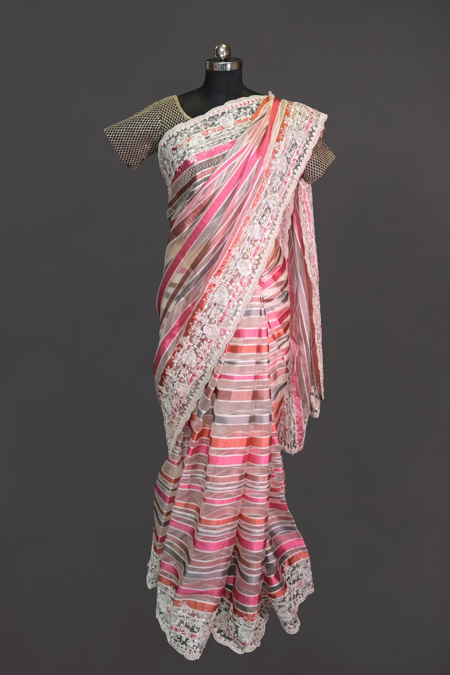 Organza Stripes Digital Print Organza With Cutwork Border