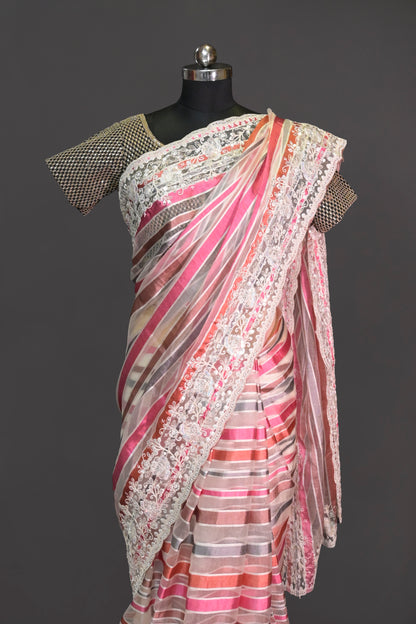 Organza Stripes Digital Print Organza With Cutwork Border