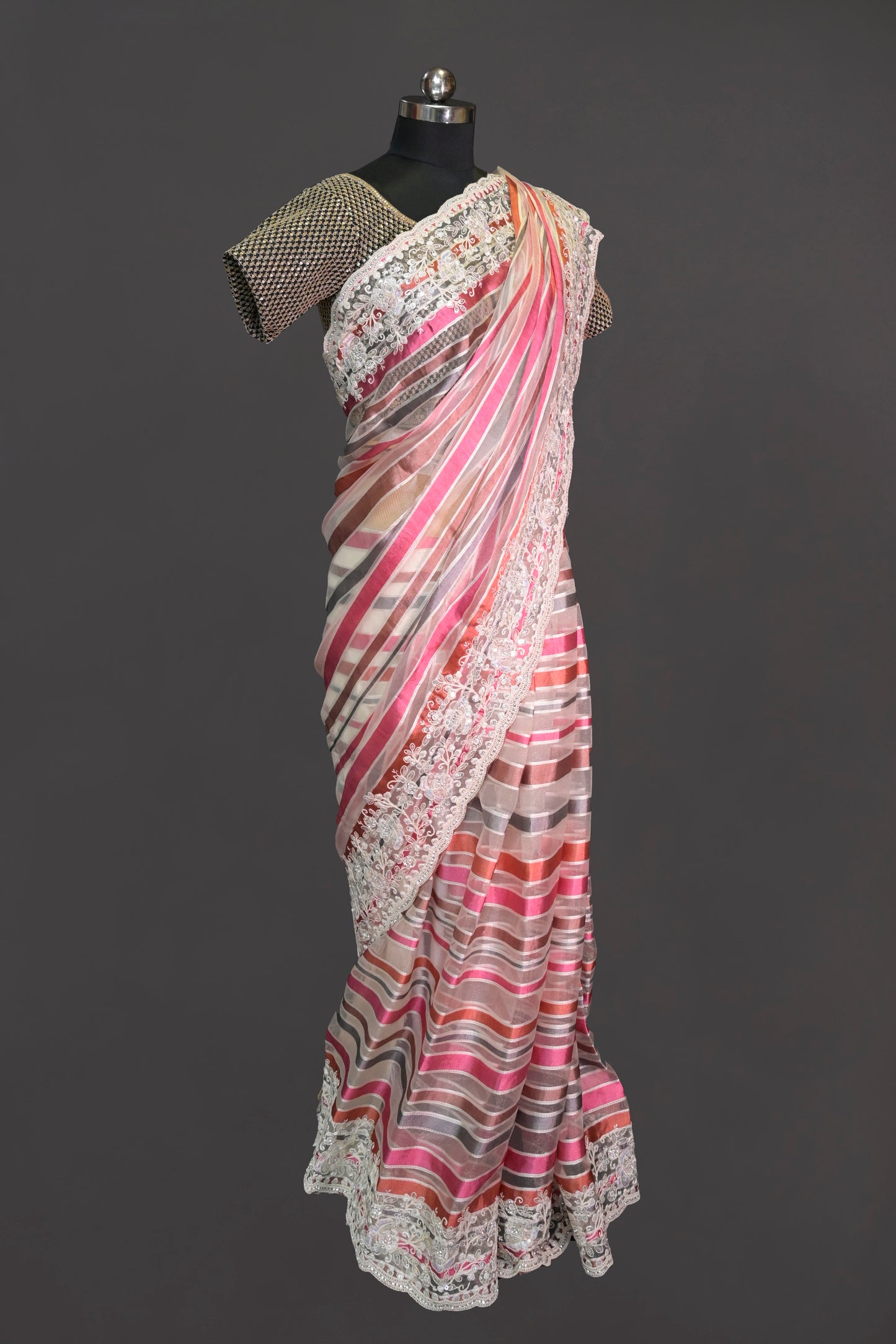 Organza Stripes Digital Print Organza With Cutwork Border