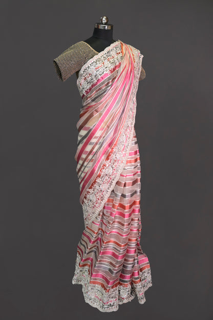 Organza Stripes Digital Print Organza With Cutwork Border