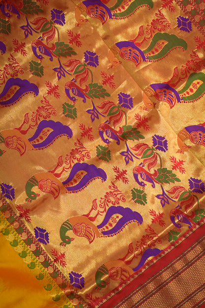 9yard Handwoven Pure Paithani With Peacock Jari Buttis And Red Contrast