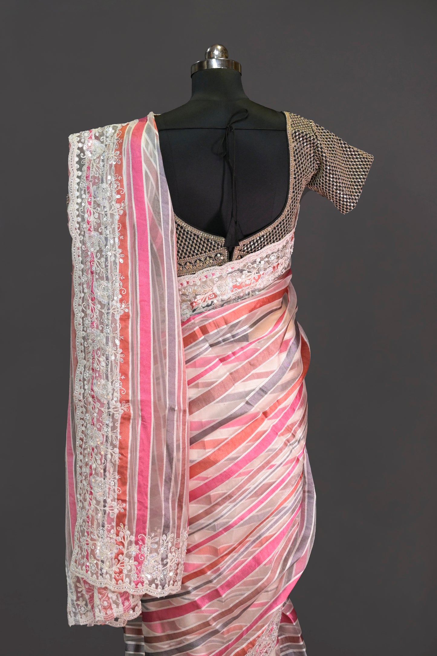 Organza Stripes Digital Print Organza With Cutwork Border