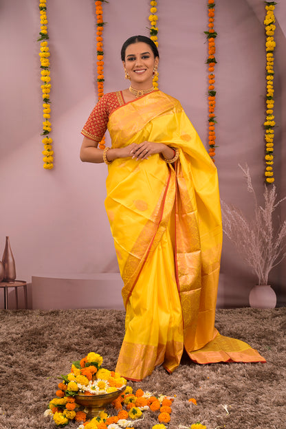 Kanjivaram Woven Jari Leafs Motifs With Self Matching Border