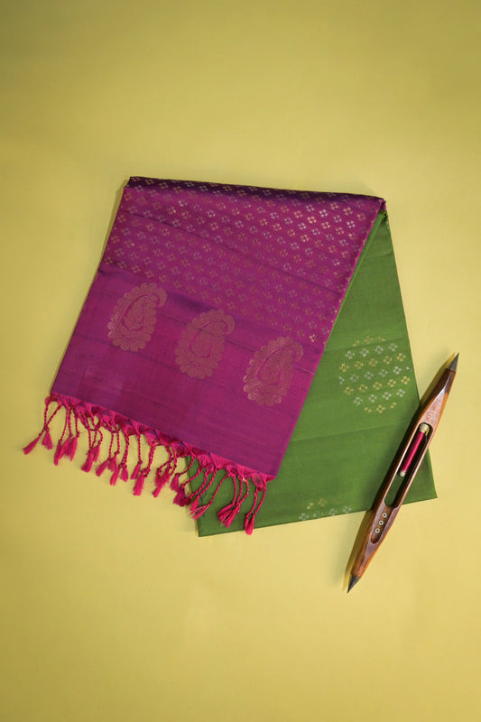 Soft Silk Borderless Jari Motifs With Purple Contrast