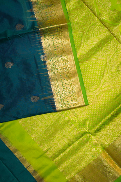 9yard Handwoven Kanjivaram Silk With Parrot Green Contrast