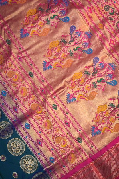 9yard Handwoven Pure Paithani With Chakra Meena Buttis And Pink Contrast