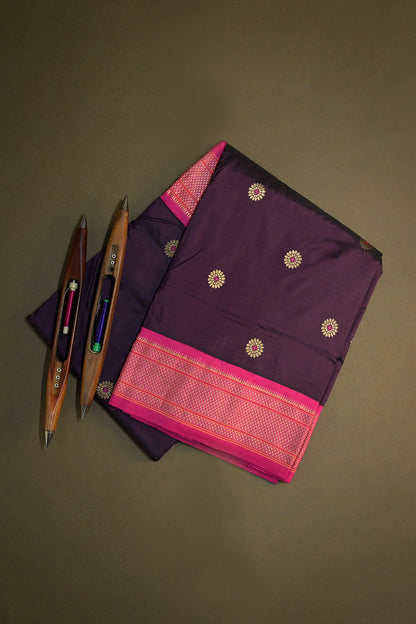 9yard Handwoven Pure Paithani With Chakra Meena Buttis And Pink Contrast