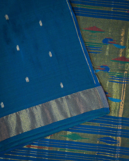 Navy blue Handloom Cotton Paithani Saree with Heavy Zari Pallu
