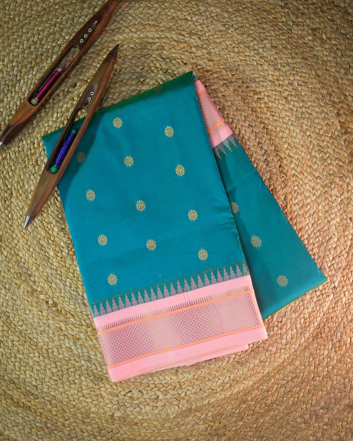 Peacock Blue Semi Paithani Silk Saree with Peach Contrast & Woven Chunri Buttis