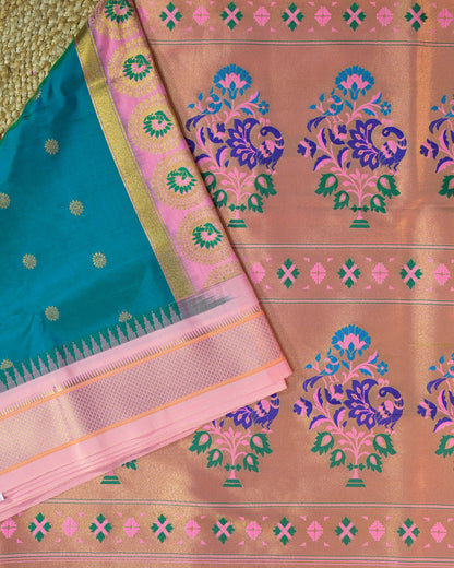 Peacock Blue Semi Paithani Silk Saree with Peach Contrast & Woven Chunri Buttis