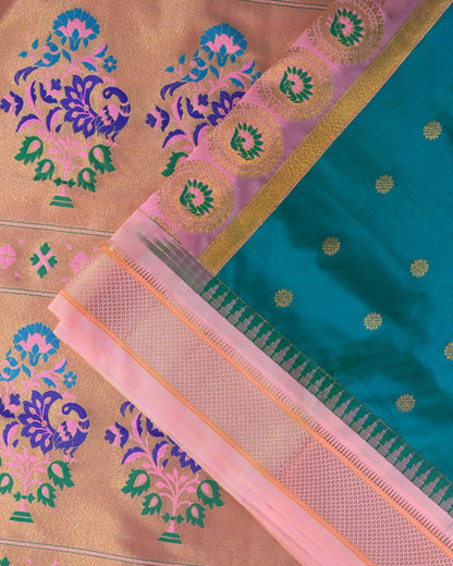 Peacock Blue Semi Paithani Silk Saree with Peach Contrast & Woven Chunri Buttis