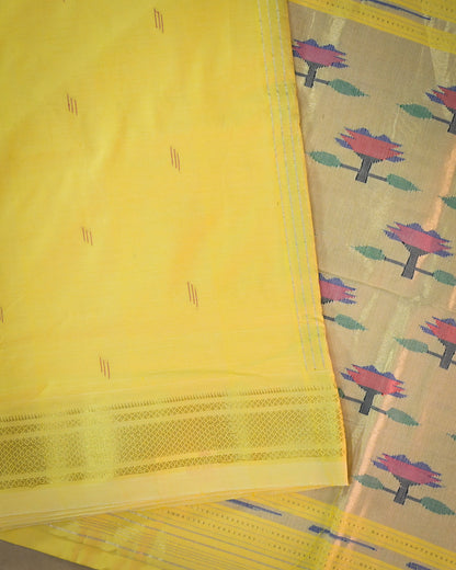 Lemon yellow Handloom Cotton Paithani Saree with Heavy Zari Pallu