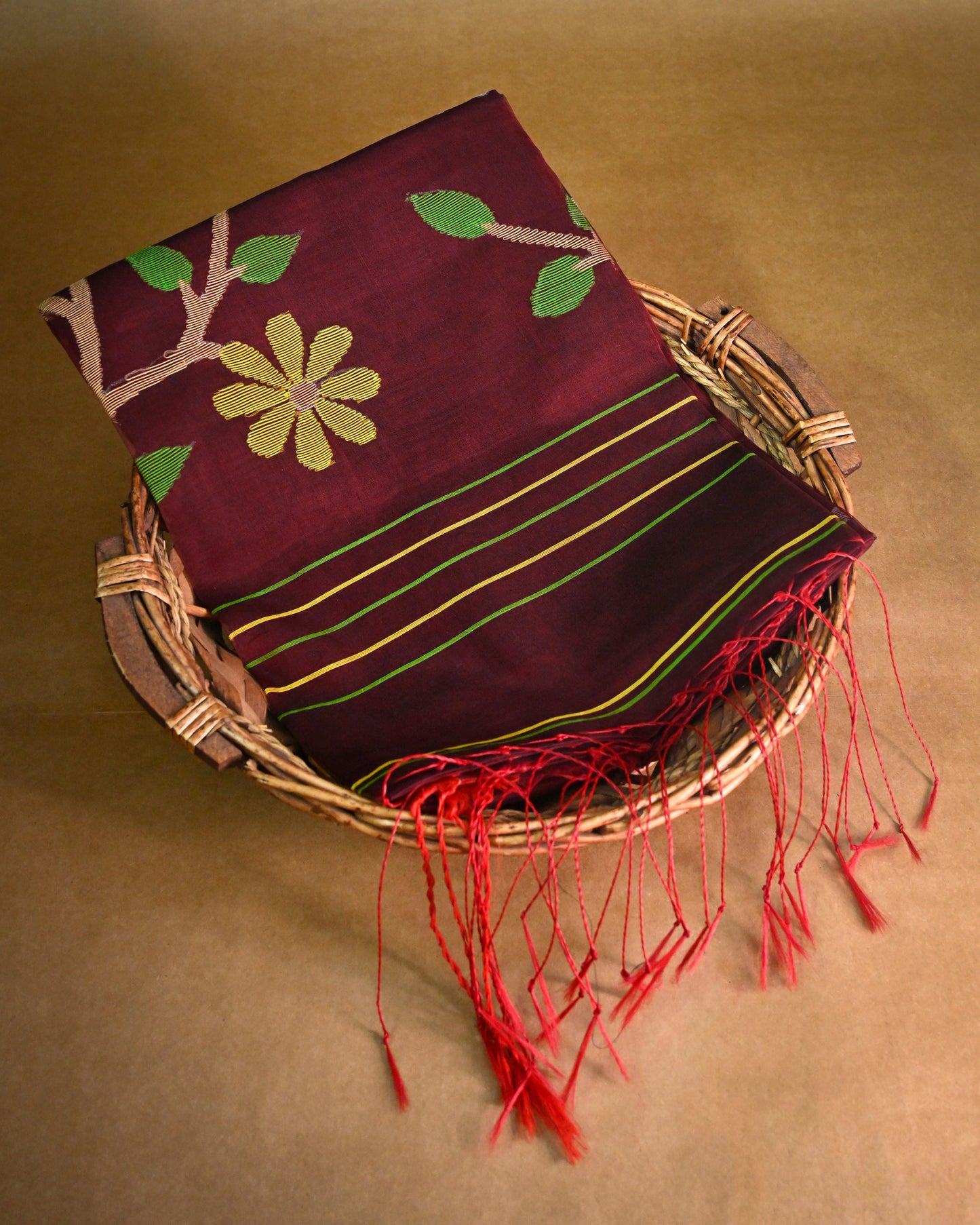 Maroon Kora Silk Saree with Woven antique jari motifs with black contrast
