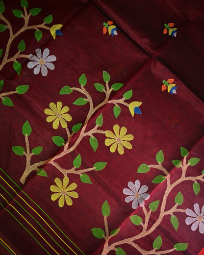 Maroon Kora Silk Saree with Woven antique jari motifs with black contrast