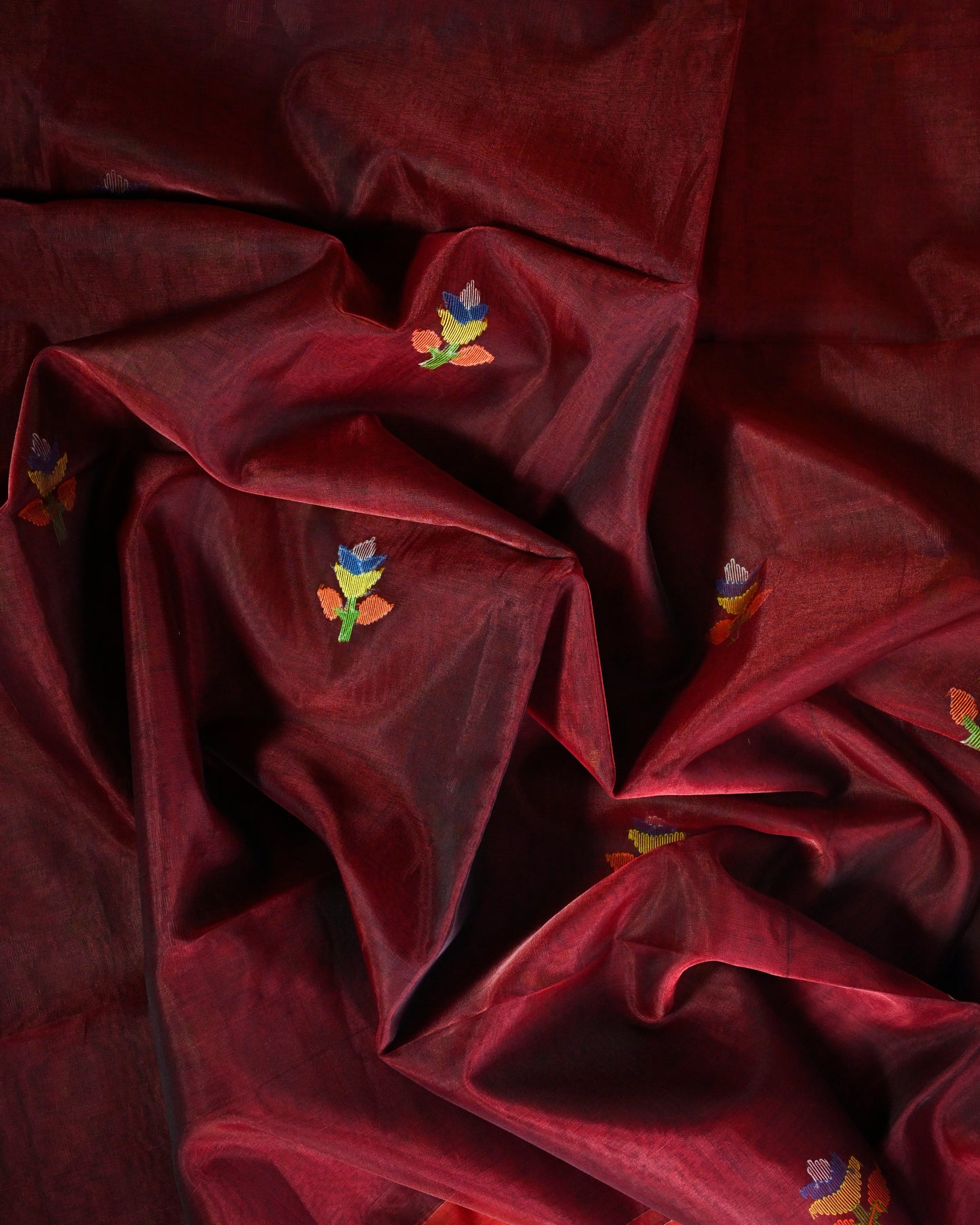 Maroon Kora Silk Saree with Woven antique jari motifs with black contrast