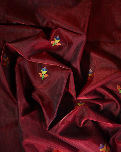 Maroon Kora Silk Saree with Woven antique jari motifs with black contrast
