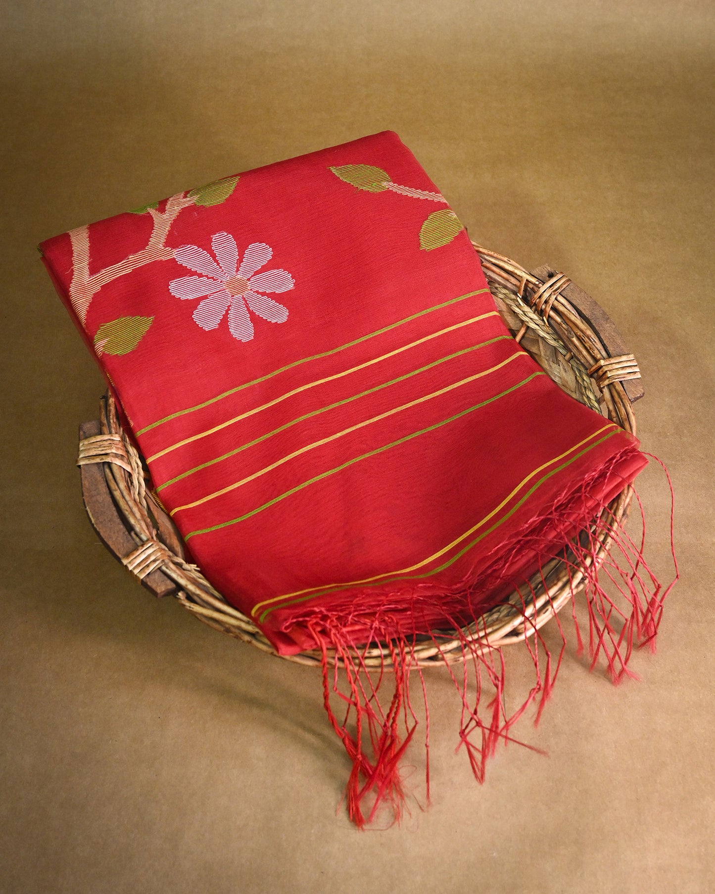 Red Kora Silk Saree with Woven satin border with fancy pallu art