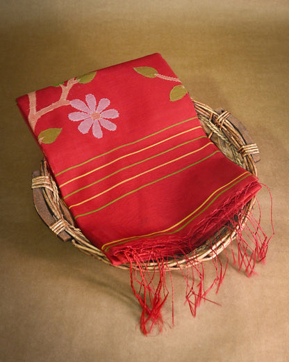 Red Kora Silk Saree with Woven satin border with fancy pallu art