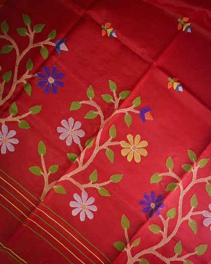 Red Kora Silk Saree with Woven satin border with fancy pallu art