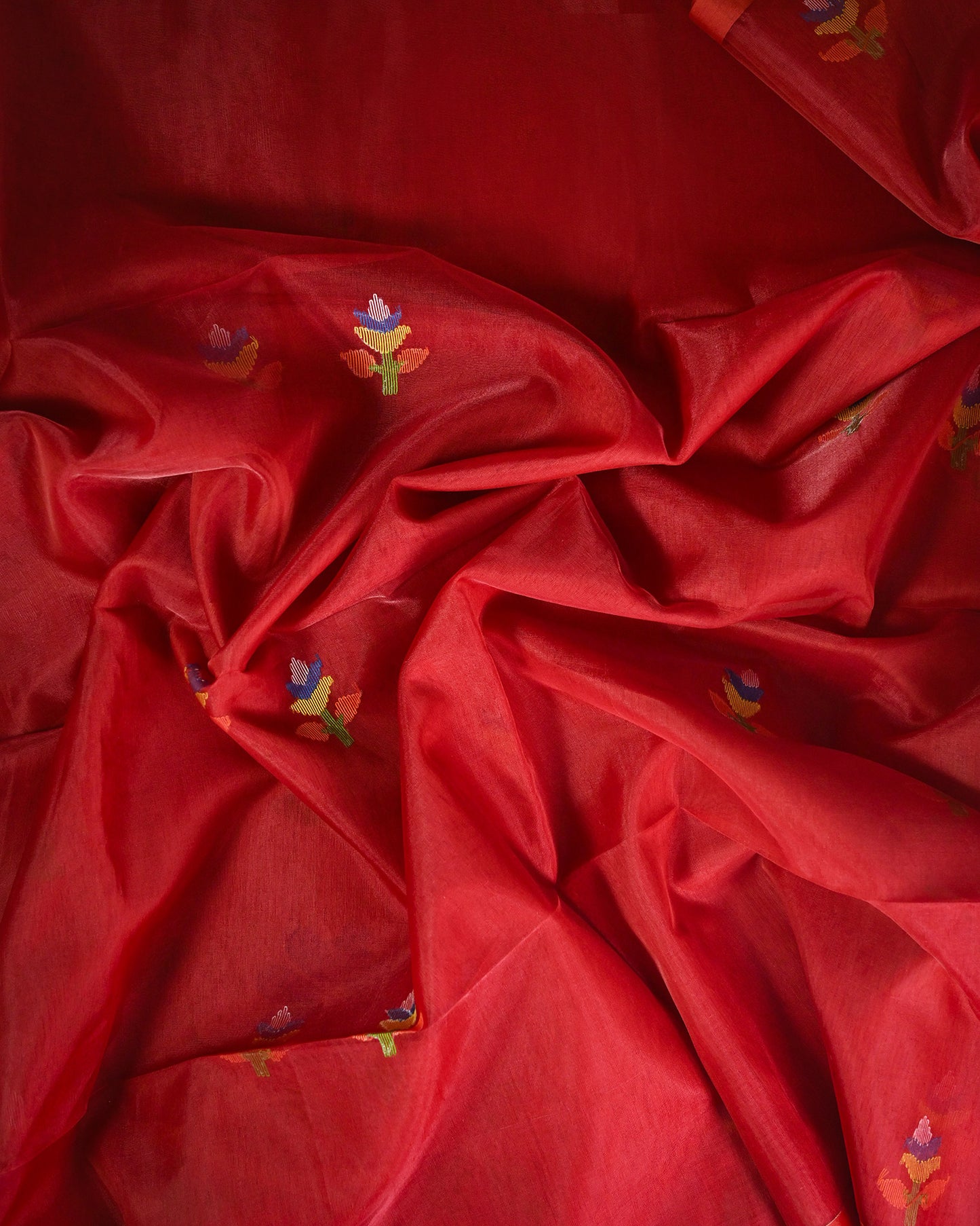 Red Kora Silk Saree with Woven satin border with fancy pallu art