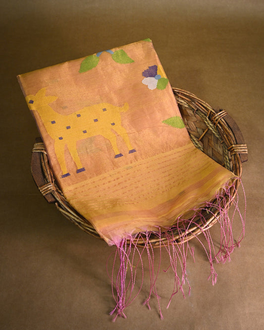 Lemon Yellow Kora Silk Saree