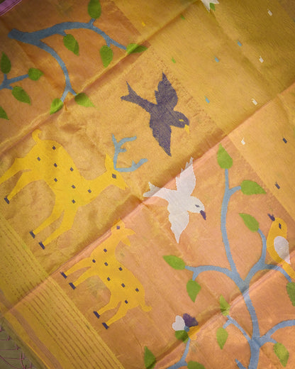 Lemon Yellow Kora Silk Saree