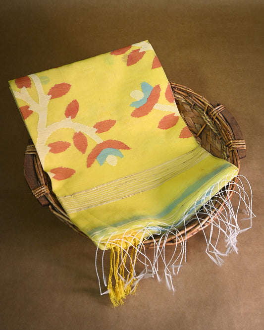 Parrot yellow Kora Silk Saree