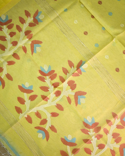 Parrot yellow Kora Silk Saree