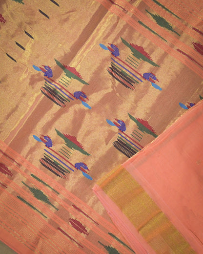 Baby pink Handloom Cotton Paithani Saree with Heavy Zari Pallu