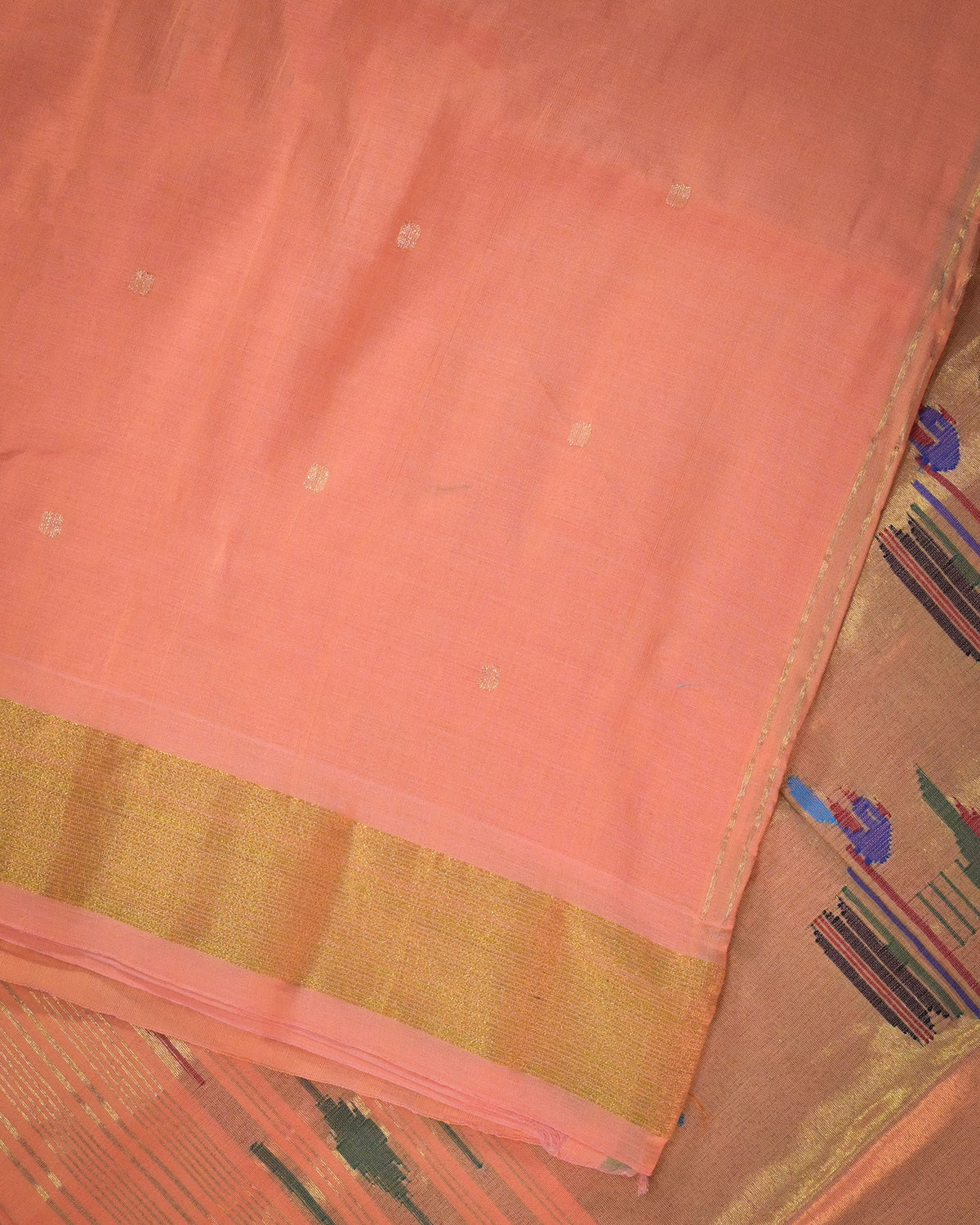 Baby pink Handloom Cotton Paithani Saree with Heavy Zari Pallu