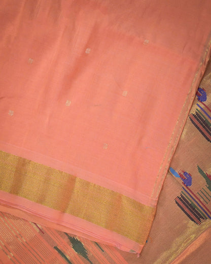 Baby pink Handloom Cotton Paithani Saree with Heavy Zari Pallu